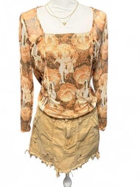 Fashion Nova Peach Floral Cherub Square-Neck Long Sleeve Top